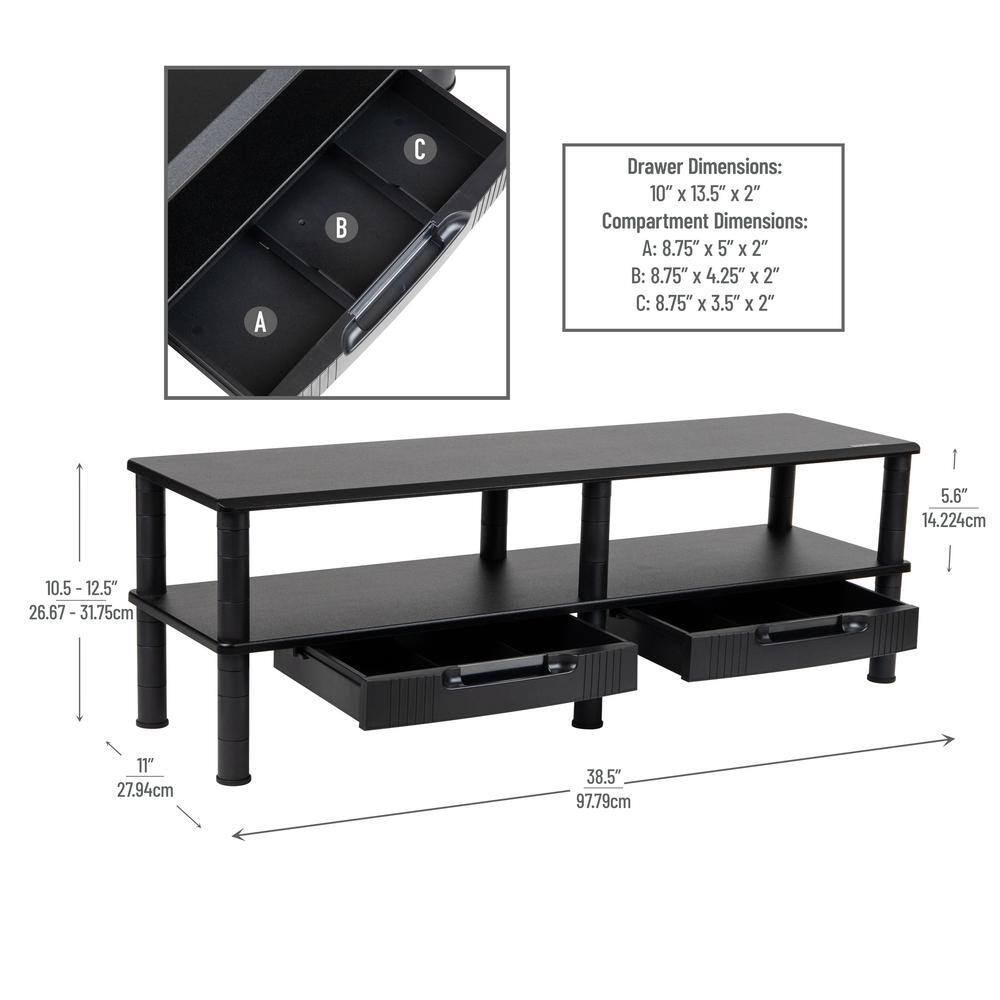 Black Dual Monitor Stand with Storage Shelves and Drawers