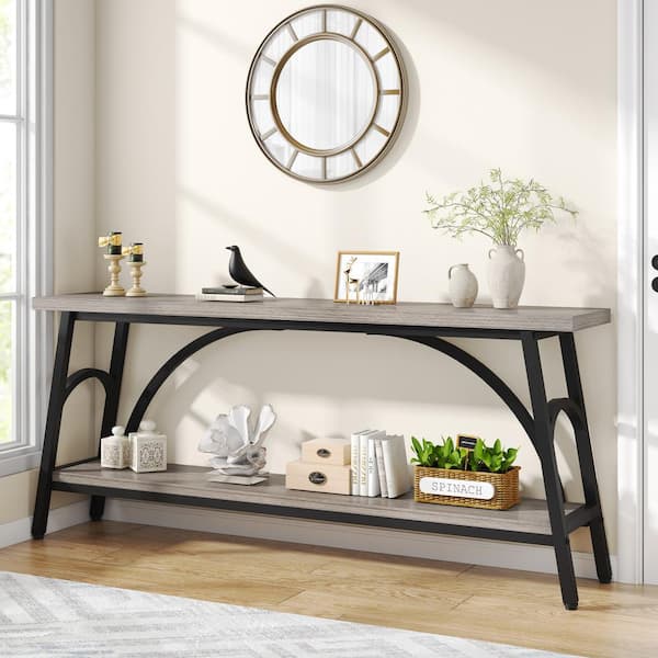 BYBLIGHT Turrella 70.8 in. Grey and Black Console Tables, Rectangle Wooden Console Table with Black Steel Frame for Living Room
