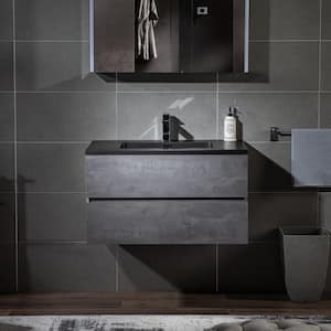 CA 35.38 in. W x 19.63 in. D x 22.5 in. H Single Sink Floating Bath Vanity in Gray with Black Quartz Top