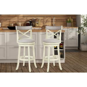 New Classic Furniture York 29 in. Antique White Wood Bar Stool with Fabric Cushions (Set of 2)
