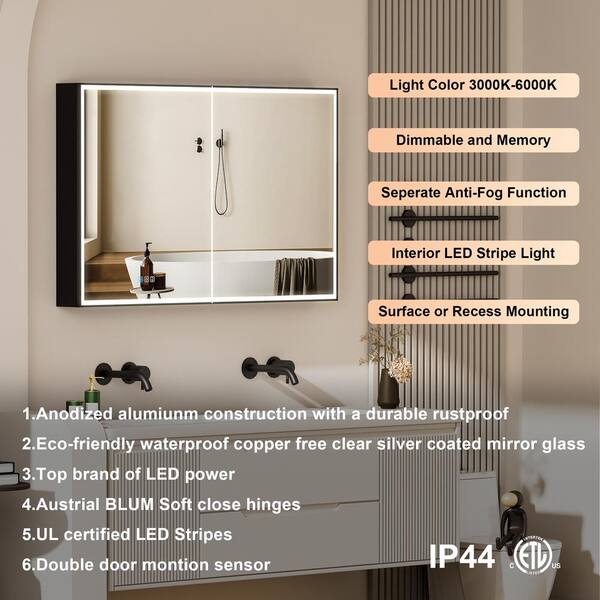 Forclover 36-in x 30-in Lighted LED Fog Free Surface/Recessed Mount Black Mirrored Soft Close Medicine Cabinet with Outlet