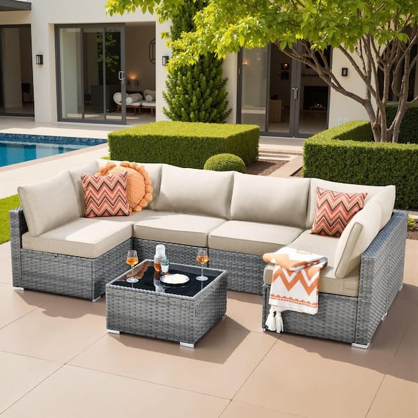 Elora Gray 7‑Piece Wicker Outdoor Patio Conversation Set with Beige Cushions Ideal for Backyard, Deck, or Garden