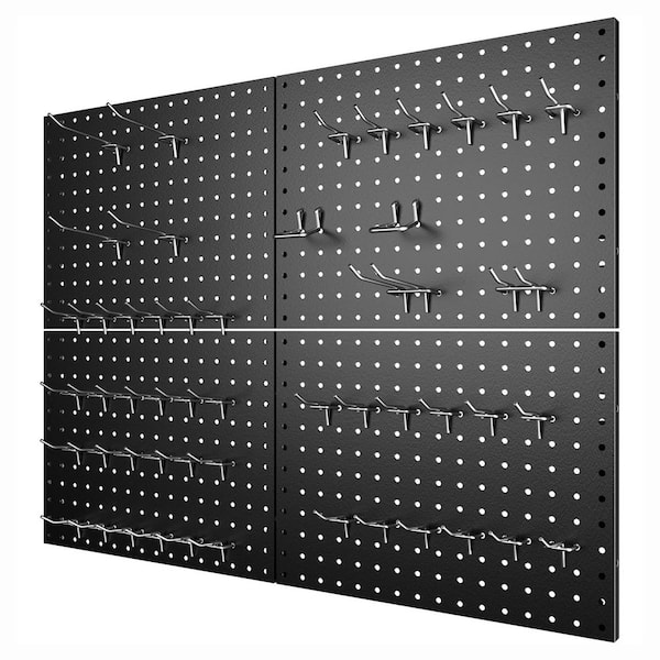 4 Pack Black Metal Pegboard Wall Rack Heavy Duty Steel with 50 Hooks, Scratch-Resistant Organizer System