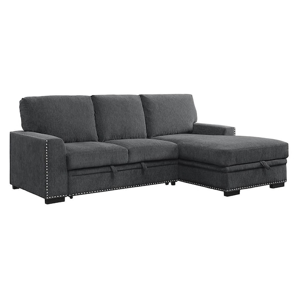 Homelegance Driggs 96 in. Straight Arm 2-piece Chenille Sectional Sofa in Charcoal with Pull-out Bed and Right Chaise