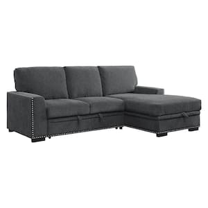 Driggs 96 in. Straight Arm 2-piece Chenille Sectional Sofa in Charcoal with Pull-out Bed and Right Chaise