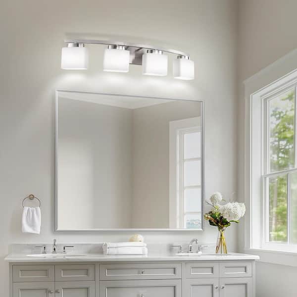 34 In. 4-Light Nickel Modern Square Vanity Light with Curved Arms and Milk White Glass Shades for Bathroom or Bedroom