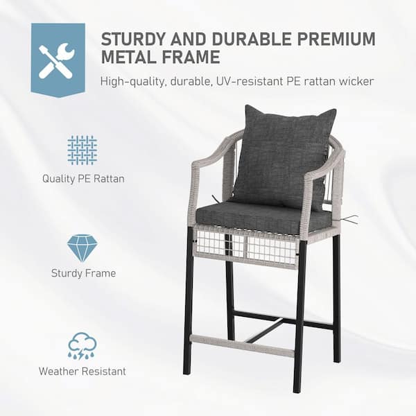 Grey 3-Piece Metal Patio Outdoor Serving Bar Set with Cushions and Pillows, Bistro Set