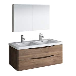 Tuscany 48 in. Modern Double Wall Hung Vanity in Rosewood with Vanity Top in White with White Basins, Medicine Cabinet
