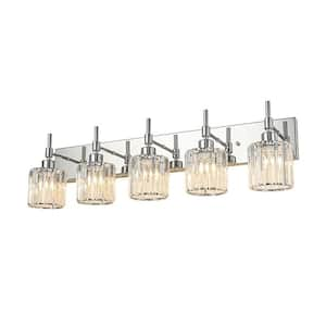 Orillia 33.07 in. 5-Light Chrome Crystal Bathroom Vanity Light with Shades for Bathroom Powder Room Kitchen