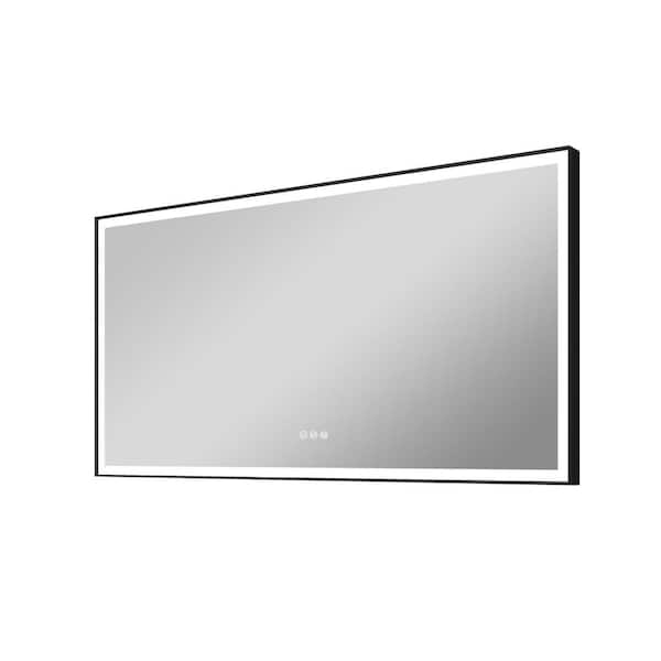 FORCLOVER 84 in. W x 42 in. H Rectangular Framed Anti-Fog Dimmable Wall Mounted LED Bathroom Vanity Mirror in Black