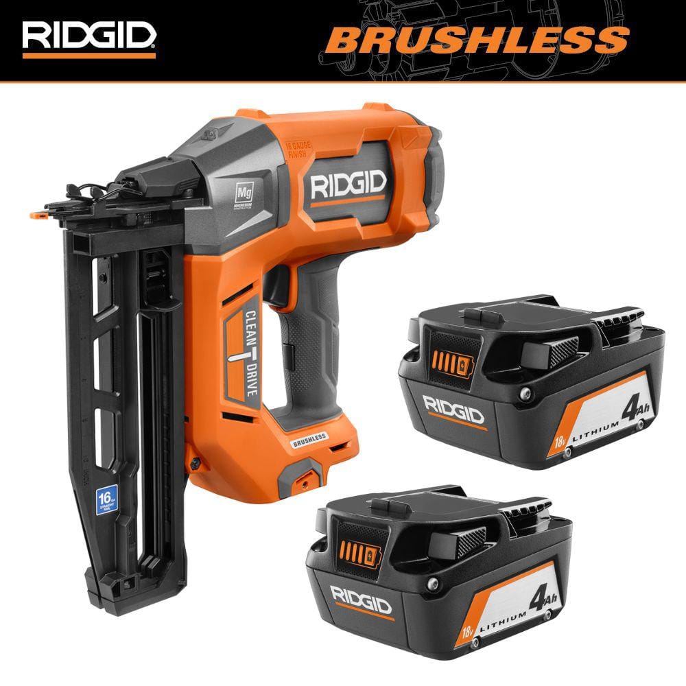 18V Brushless Cordless 16-Gauge 2-1/2 in. Straight Finish Nailer with 18V Lithium-Ion 4.0 Ah Battery (2-Pack) -  RIDGID, R09893R87004P