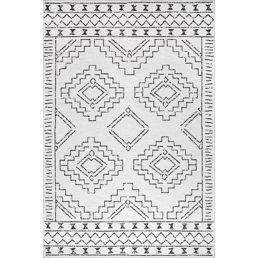 Ivory and Black Machine Washable Moroccan Area Rug