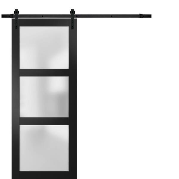 Sartodoors 2552 42 in. x 96 in. 3 Panel Frosted Black Matte Finished Solid Wood Sliding Barn Door with Hardware Kit