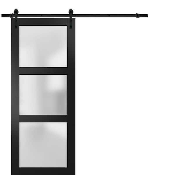 2552 30 in. x 96 in. 3 Panel Black Finished Pine Wood Sliding Door with Black Barn Hardware
