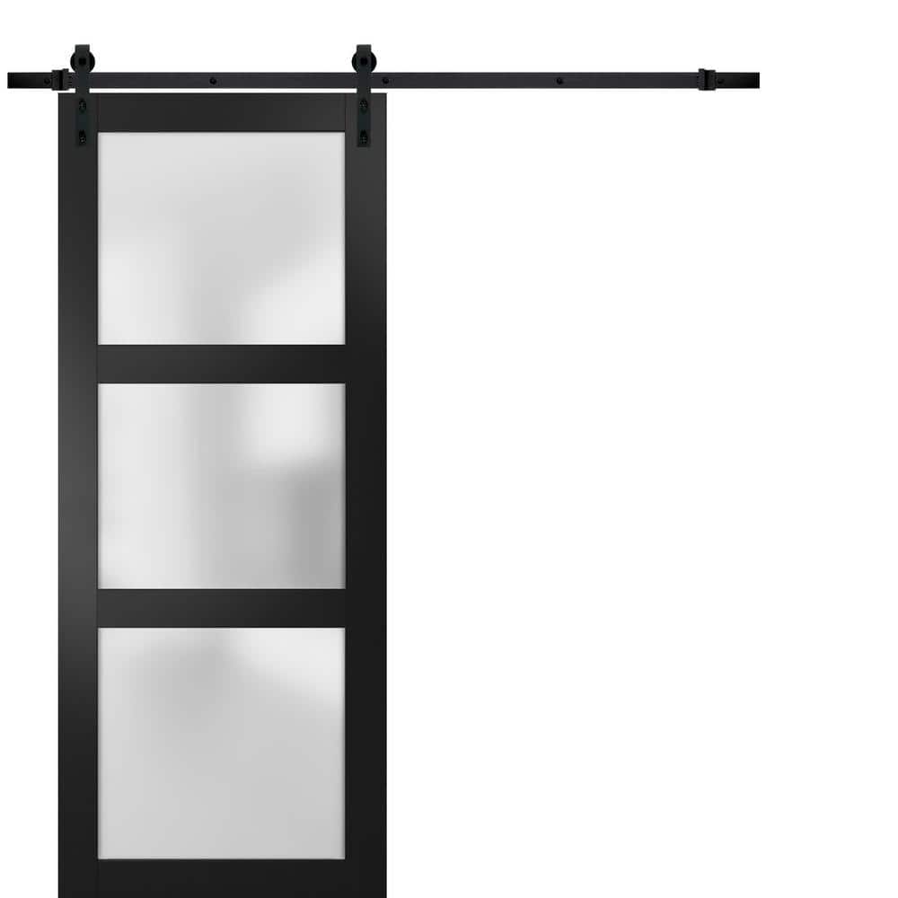 Assembly Required 42 in. x 84 in. 3-Panel Black Finished Pine Wood Sliding Door with Black Barn Hardware price history on PriceWatchPro