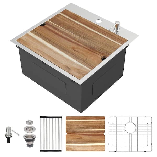 22 in. Drop-In Single Bowl 16 Gauge Brushed Stainless Steel Laundry Utility Sink, 22 x 22 x 12 in.
