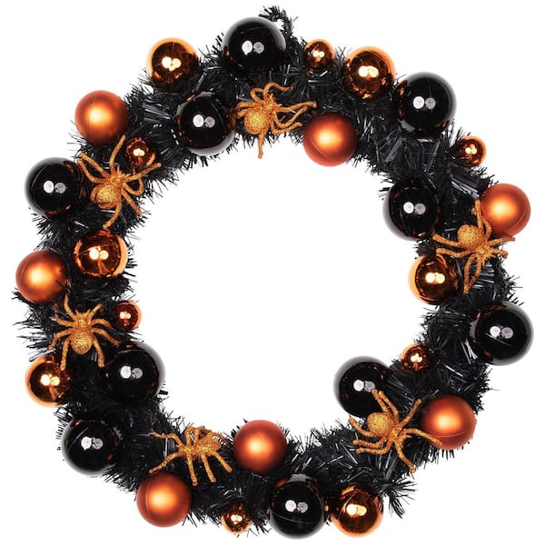 18 in. Orange and Black-Unlit Spiders and Ornaments Halloween Wreath