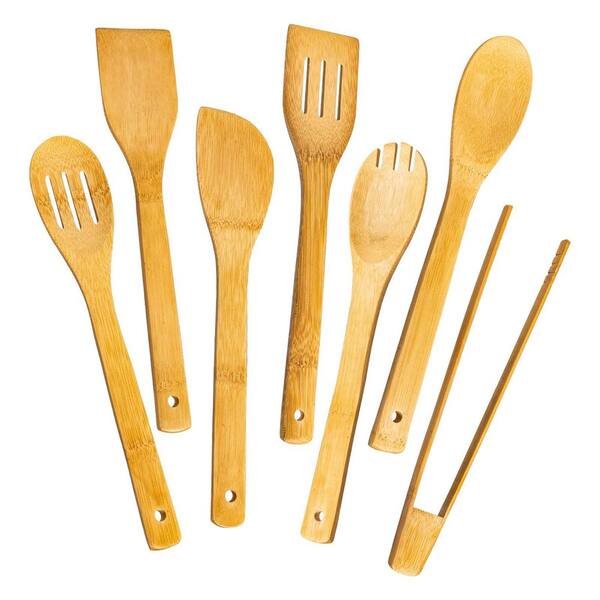 Bamboo Wood Natural Finish Cooking Utensils Set Nonstick Healthy Easy Store Kitchen Accessory Set with 7-Piece