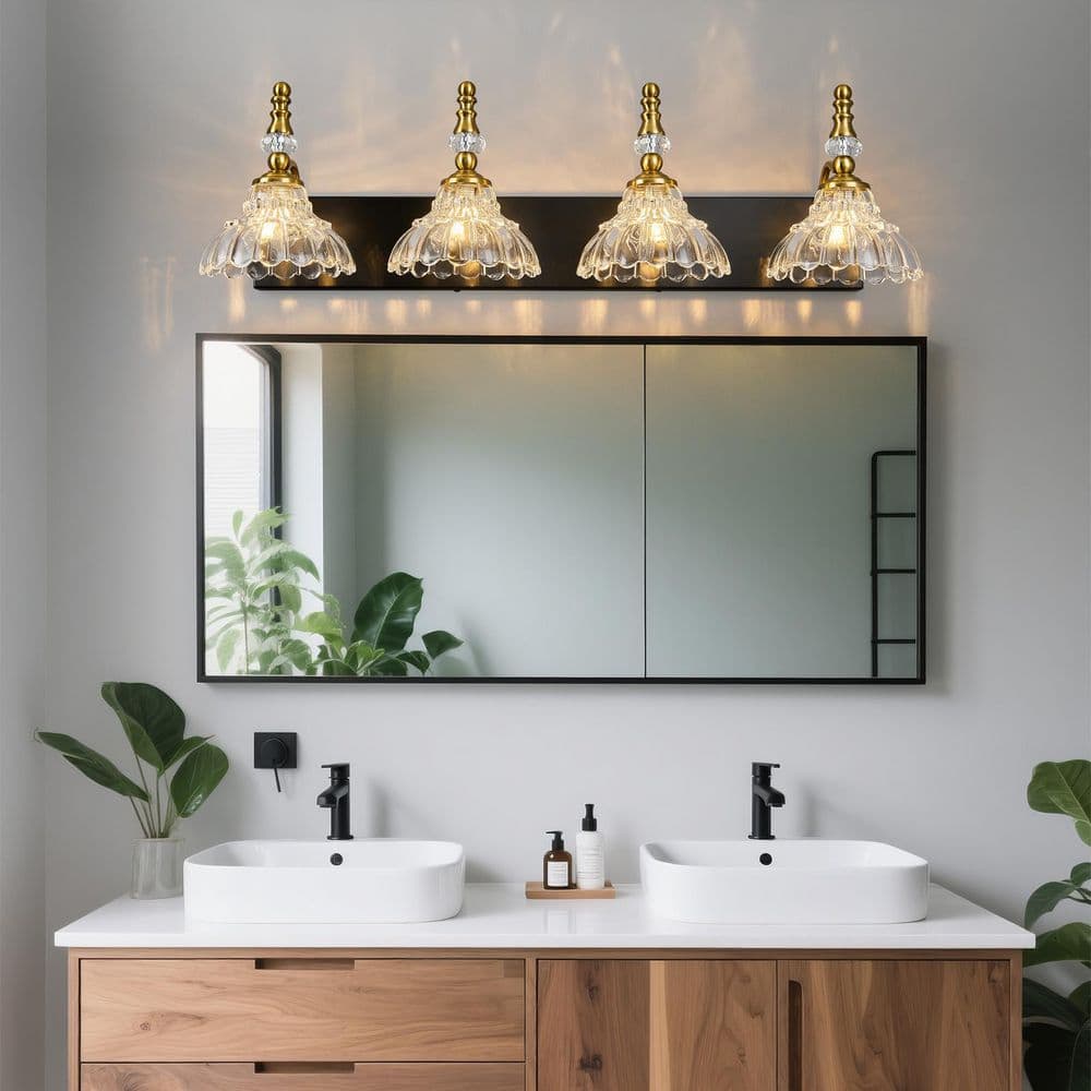 Home Lighting 30.71 in. 4-Light Black Gold Vintage Bathroom Vanity Light w/ Flower Glass Shade Over Mirror for Bathroom price history on PriceWatchPro