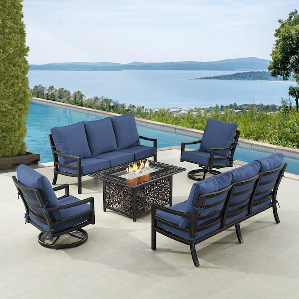 Oakland Living Black 5-Piece Aluminum Patio Fire Table Set with 2-Deep Seating Sofa with Blue Cushions and 2-Club Chairs
