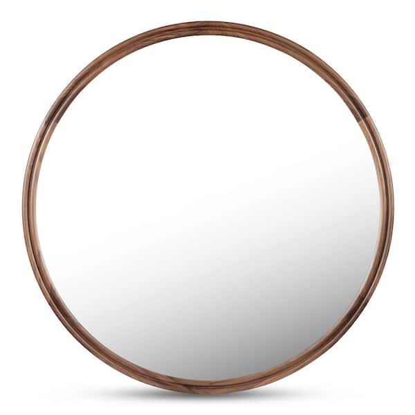 Olyen Walnut Brown 36 in. W x 36 in. H Round Solid Walnut Framed Mirror
