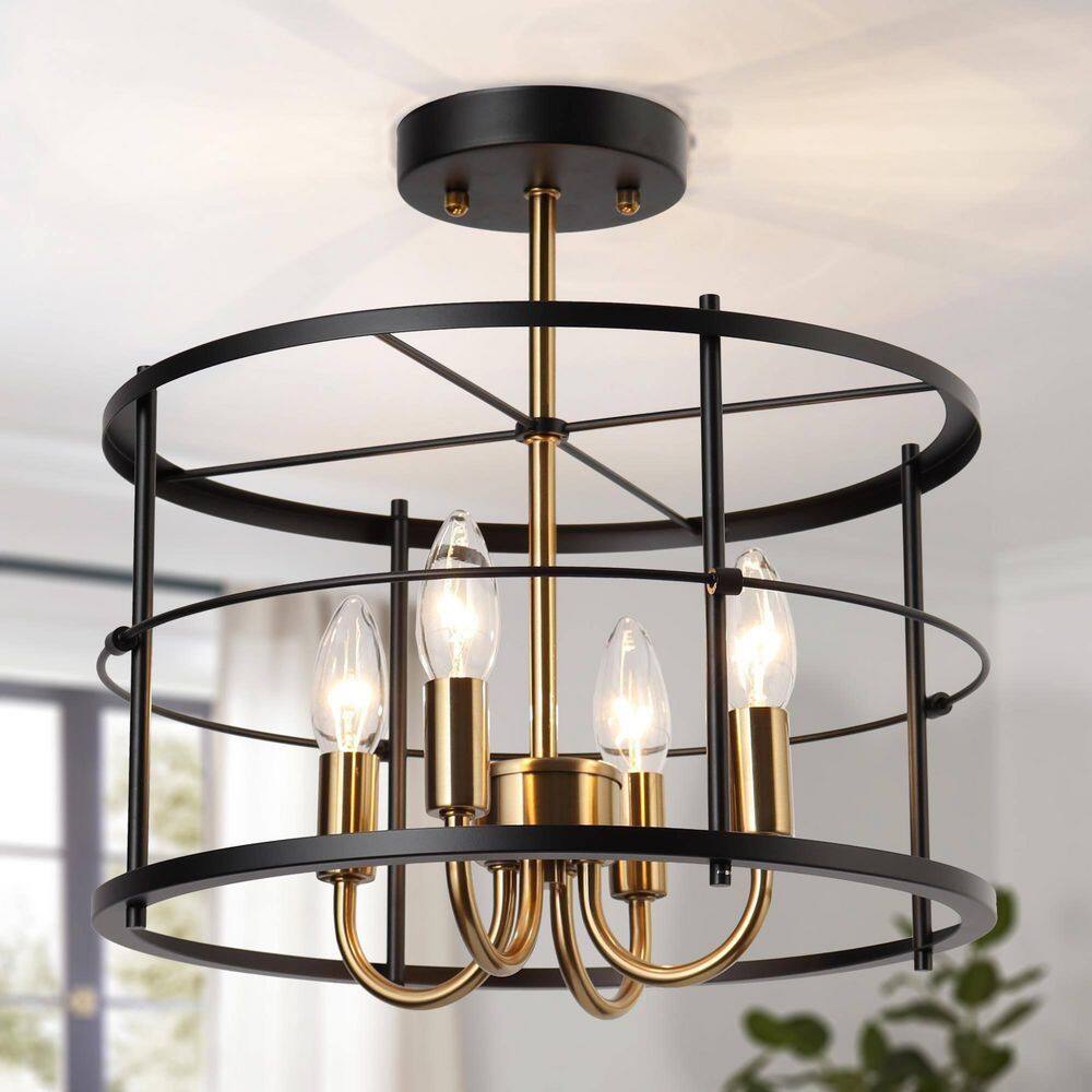 Modern Farmhouse 4-Light Brass-Plated Round Semi-Flush Mount, 14 in. Black Open Cage Ceiling Light for Dining Room price history on PriceWatchPro