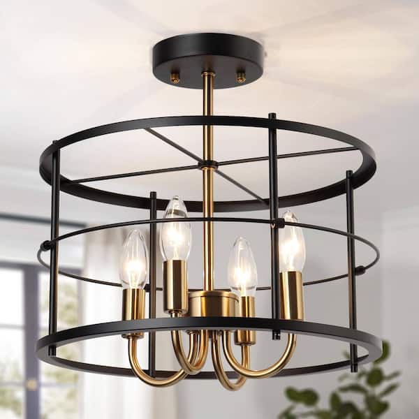 Zevni Modern Farmhouse 4-Light Brass-Plated Round Semi-Flush Mount, 14 in. Black Open Cage Ceiling Light for Dining Room