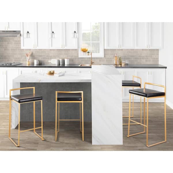 LumiSource Fuji 30.75 in. Black Faux Leather and Gold Metal Stackable Bar Stool (Set of 3)