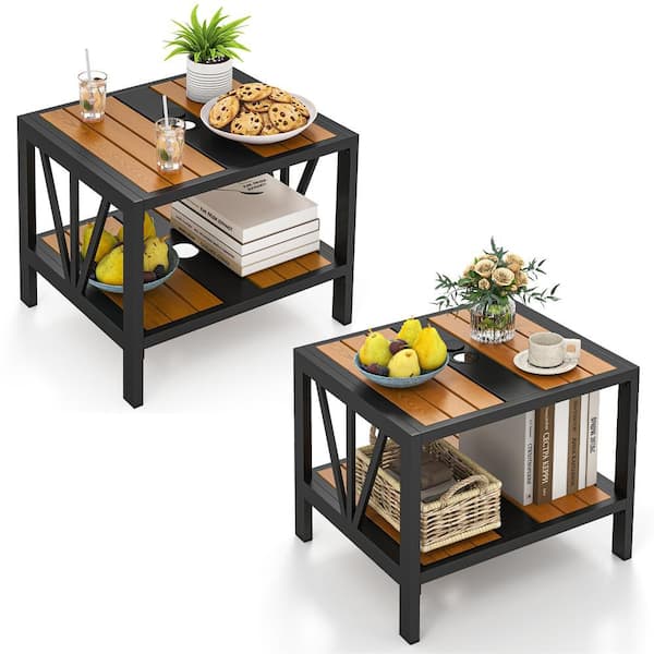 Outdoor Side Table with 1.57" Umbrella Hole 2-Tier Patio Metal End Table with Storage Shelf 2PCS