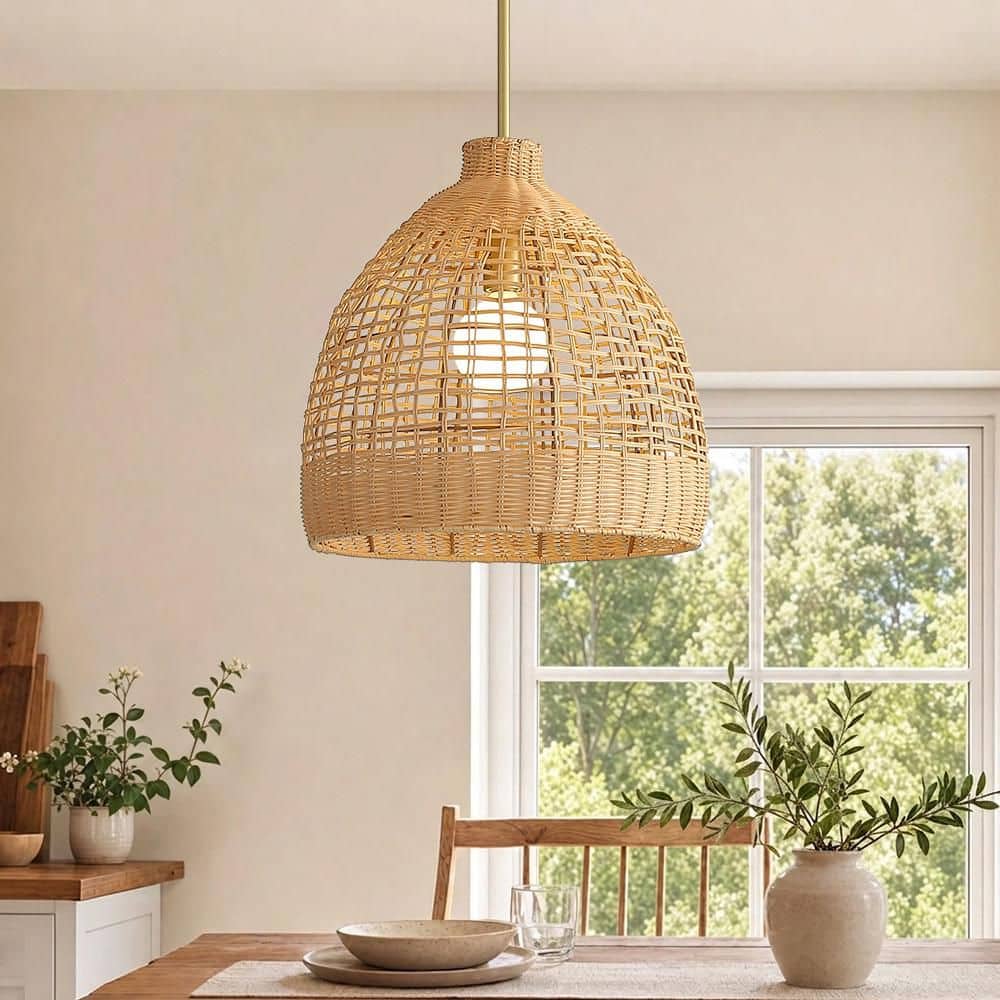60w 1 Light Boho Woven Rattan Pendant Light with Painted Gold Finish, Adjustable Hanging for Dining Room price history on PriceWatchPro