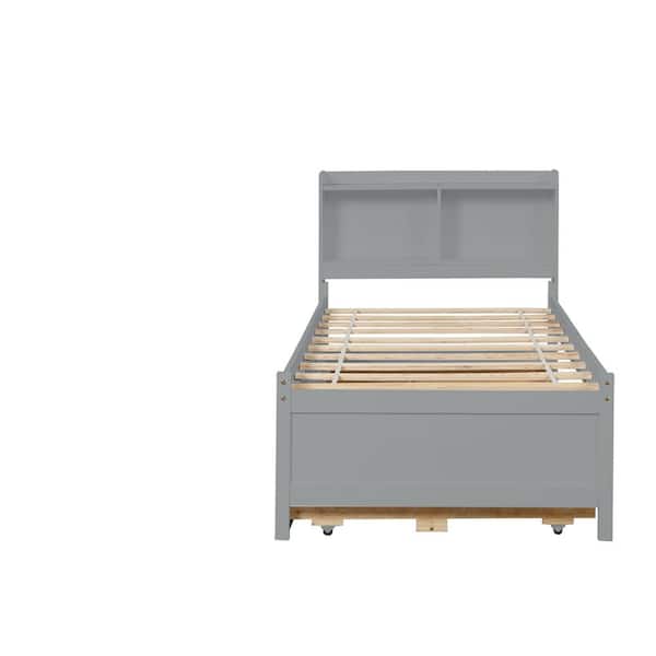 ANBAZAR Gray Twin Kids Platform Bed with Twin Trundle and 3-Drawers Wood Kids Bed with Trundle Wood Frame Platform Bed