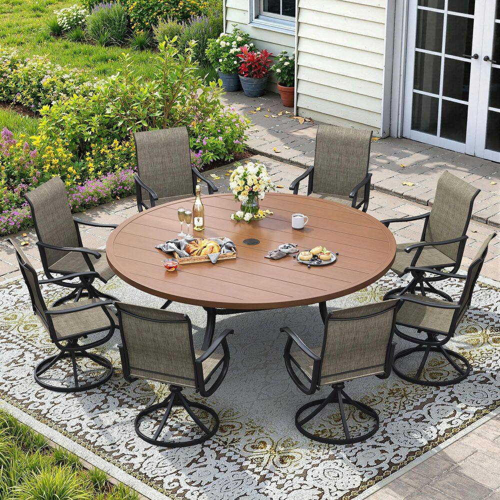 9 Pieces Metal Outdoor Patio Dining Set with 60 in. Walnut Round Dining Table and 8 Brown Textilene Swivel Dining Chairs price history on PriceWatchPro