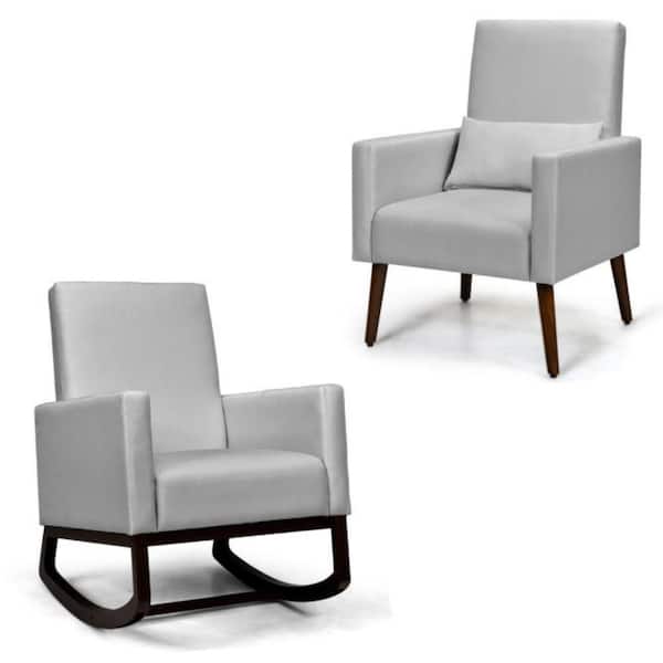 Alpulon 2-in-1 Wood Fabric Upholstered Patio Outdoor Rocking Chair in Light Gray with Cushion and Pillow