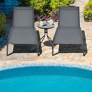 2-Piece Grey Metal Outdoor Chaise Lounge Chair Adjustable Back Recliner with Wheels