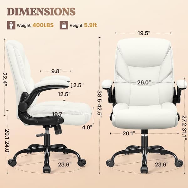 Leather Cushioned Ergonomic Executive Chair in White with Adjustable Armrests, SGS-certified Gas Lift Task Chair