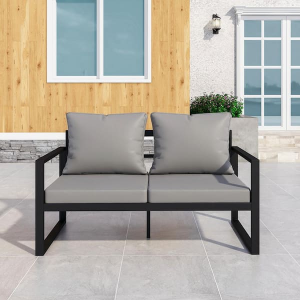 Wateday Black Metal Outdoor Loveseat with Grey Cushions