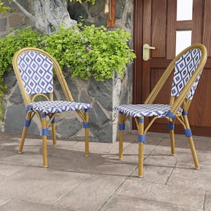Outdoor French Wicker Aluminum Patio Armless Dining Chair in White and Navy Blue (2-Pack)