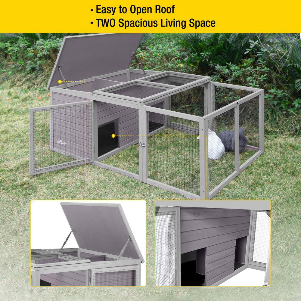 Gray Wooden Outdoor Hutch with Mesh Panels for Small Animals