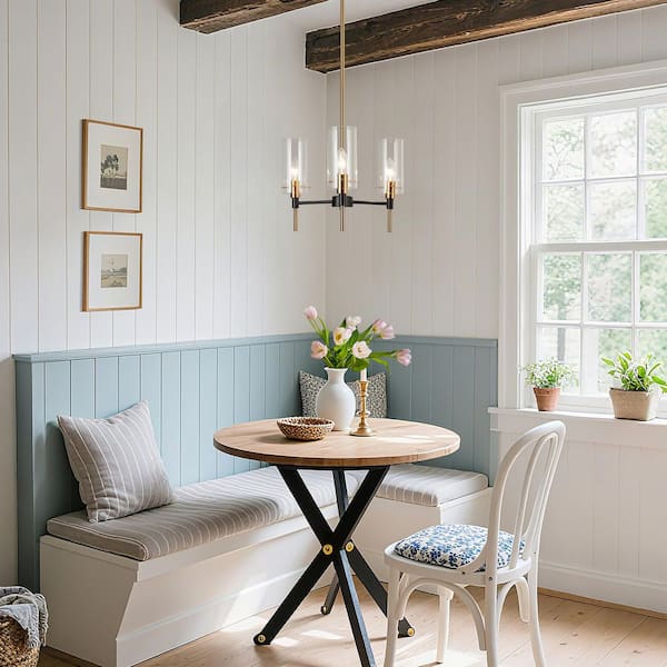 Modern 3-Light Black/Brass Chandelier Lighting, Mid-Century Pendant Light with Cylinder Clear Glass Shades for Kitchen