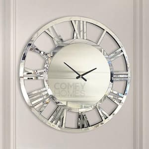 Timeless Luxe Silver Roman Numeral Wall Clock - Mirrored Frame, Metal Openwork Design