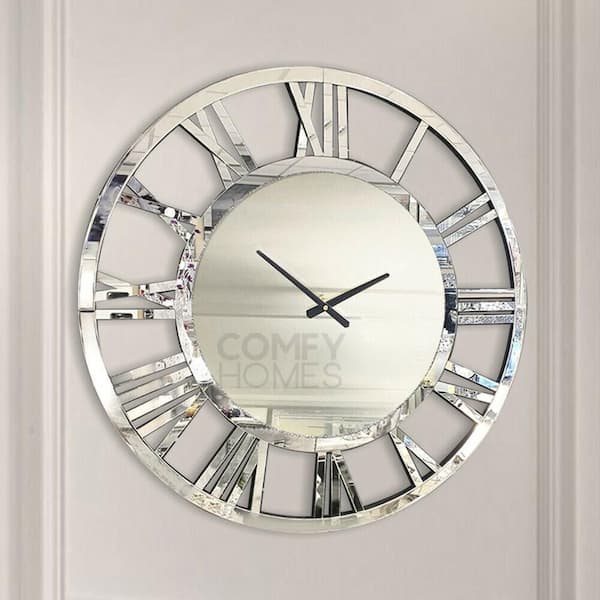 THKSHOUZ Timeless Luxe Silver Roman Numeral Wall Clock - Mirrored Frame, Metal Openwork Design