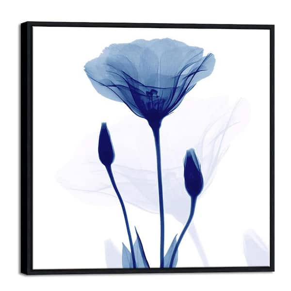 Unbranded 24.9 in. x 24.9 in. Large Black Framed Abstract Blue Flickering Flower Canvas Wall Art for Home Decor