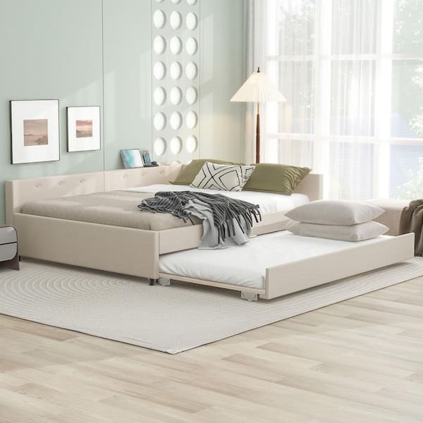 Polibi Beige Wood Frame Twin Platform Bed with USB and Twin Size Trundle