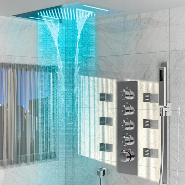 EVERSTEIN 15Spray 23 in. L Rectangular Waterfall Fixed and Handheld