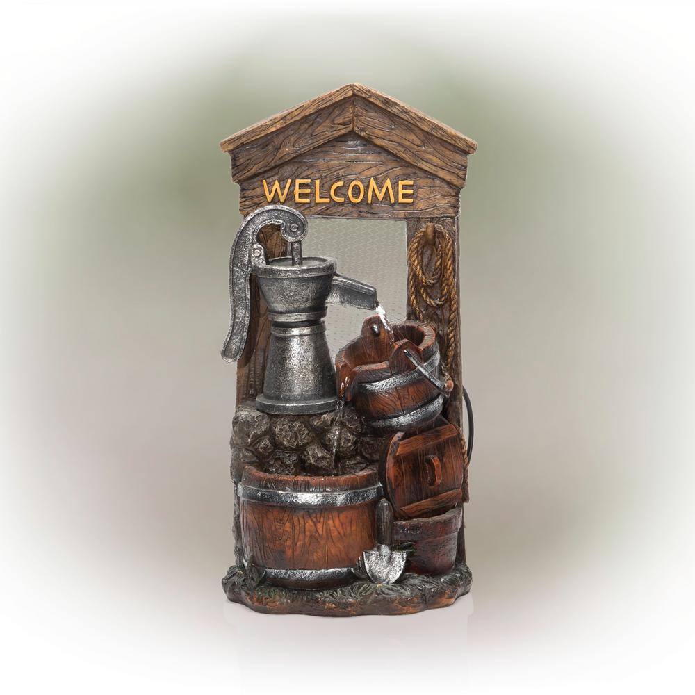 24" Rustic Brown Polyresin Barrel Fountain with Welcome Sign