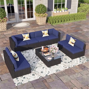 Dark Brown Rattan Wicker 8 Seat 10-Piece Steel Outdoor Patio Conversation Set with Blue Cushions and Coffee Tables