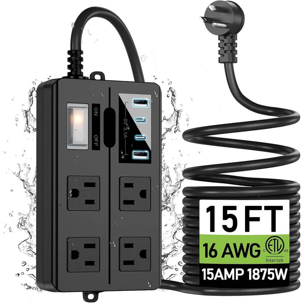 Outdoor Power Strip Weatherproof Waterproof Surge Protector 4 Outlets 4 USB Charger 15 ft. Cord 1875W 15 Amps price history on PriceWatchPro