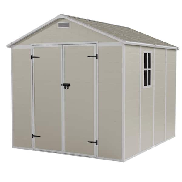8 ft. W x 8 ft. D Pale Taupe Outdoor Resin Plastic Storage Shed with Sloping Roof, Double Lockable Door(64 sq. ft. )