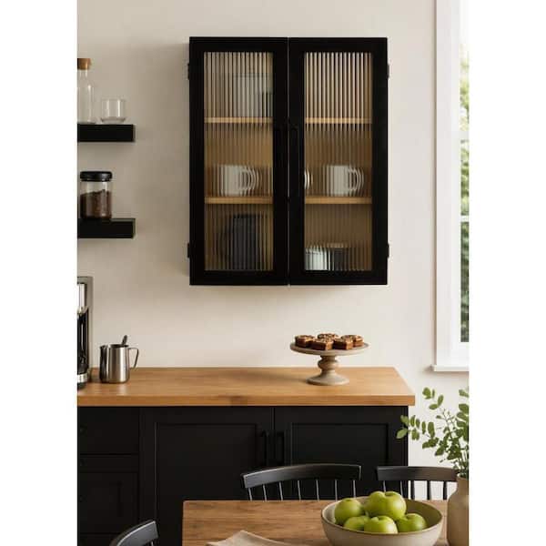 Langfeld 22 in. W x 8 in. D Black/Natural Wood Decorative Wall Cabinet