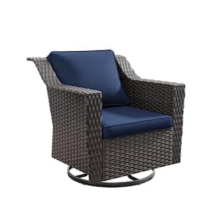 Wicker Outdoor Rocking Chair Patio Swivel Chair with Blue Cushion